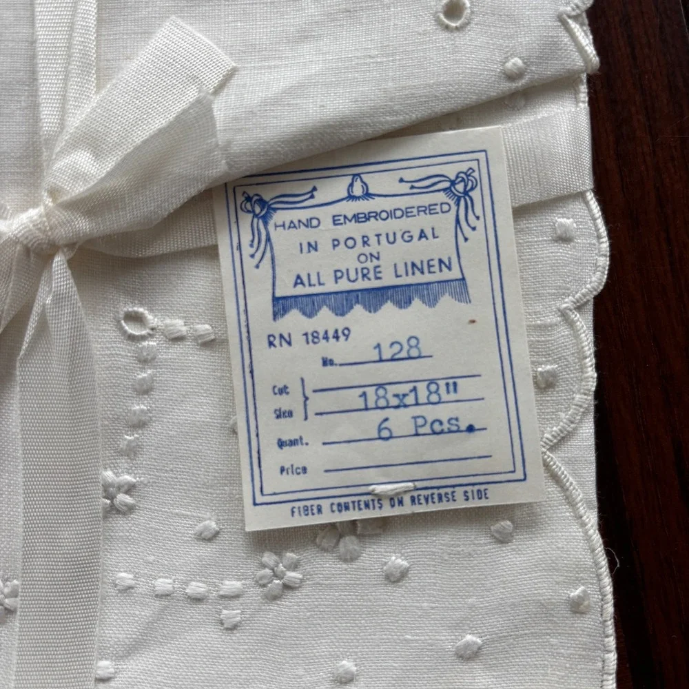 Vintage Hand Embroidered Portugal Pure Linen Napkins Set of 6 White 18x18 |18449